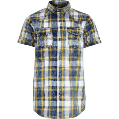 Boys blue and yellow check short sleeve shirt